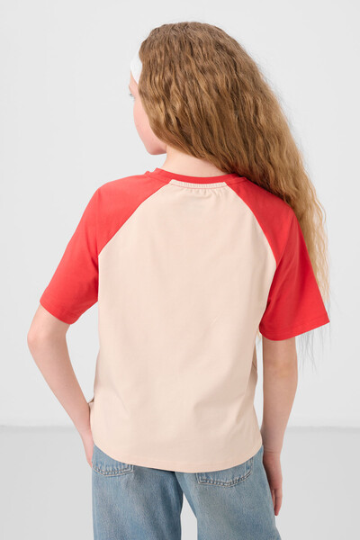 Tommylife Toptan O Yaka Pamuklu Baskılı Oversize Fit Kız Çocuk T Shirt 75179 Bej - Thumbnail