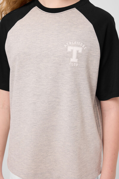 Tommylife Toptan O Yaka Pamuklu Baskılı Oversize Fit Kız Çocuk T Shirt 75179 Gri Melanj - Thumbnail