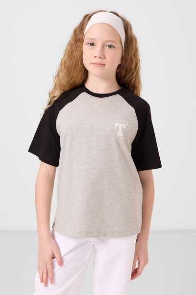 Tommylife Toptan O Yaka Pamuklu Baskılı Oversize Fit Kız Çocuk T Shirt 75179 Gri Melanj - Thumbnail