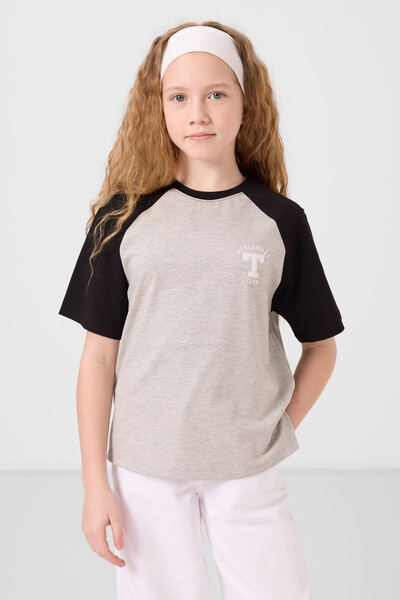 Tommylife Toptan O Yaka Pamuklu Baskılı Oversize Fit Kız Çocuk T Shirt 75179 Gri Melanj - Thumbnail