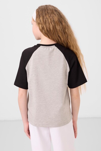 Tommylife Toptan O Yaka Pamuklu Baskılı Oversize Fit Kız Çocuk T Shirt 75179 Gri Melanj - Thumbnail