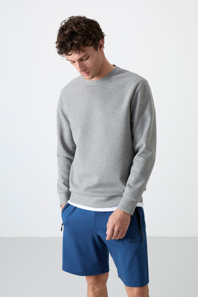 Tommylife Toptan O Yaka Rahat Form Basic Erkek Sweatshirt 88053 Gri Melanj - 3