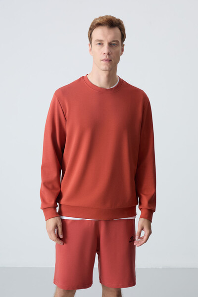Tommylife Toptan O Yaka Rahat Form Basic Erkek Sweatshirt 88053 Kiremit - 3