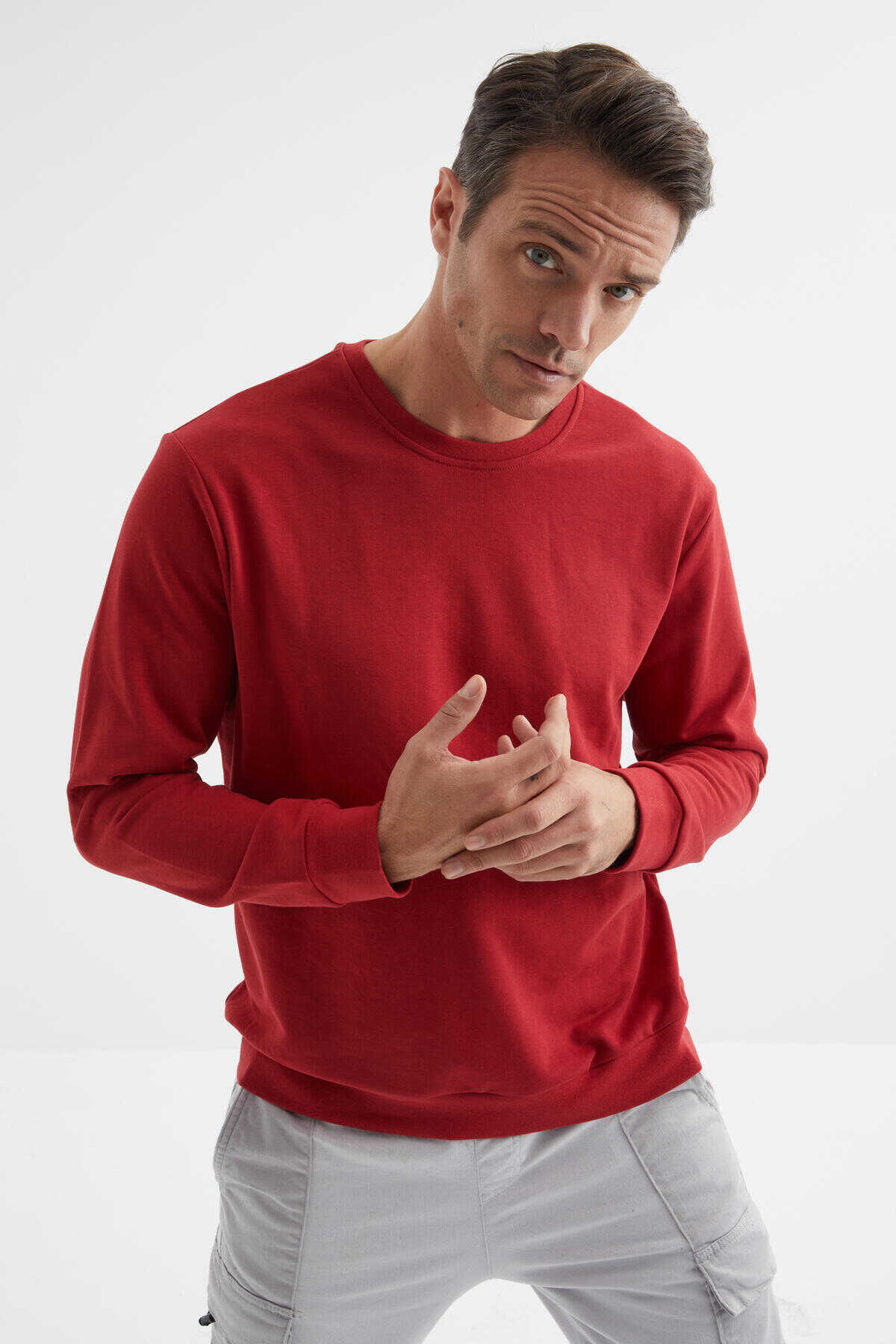 Tommylife Toptan O Yaka Rahat Form Basic Erkek Sweatshirt 88053 Kırmızı - 1