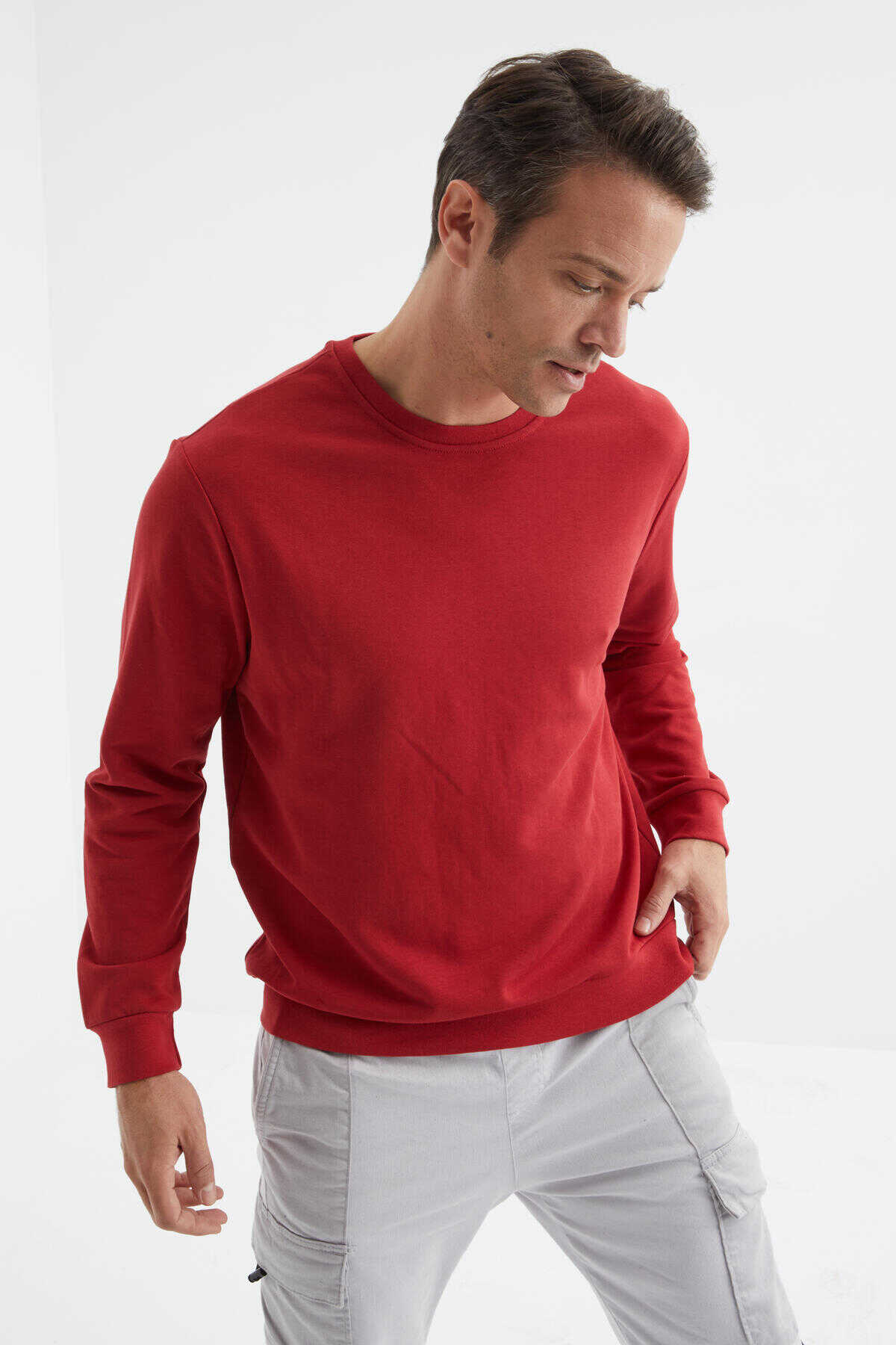 Tommylife Toptan O Yaka Rahat Form Basic Erkek Sweatshirt 88053 Kırmızı - 3