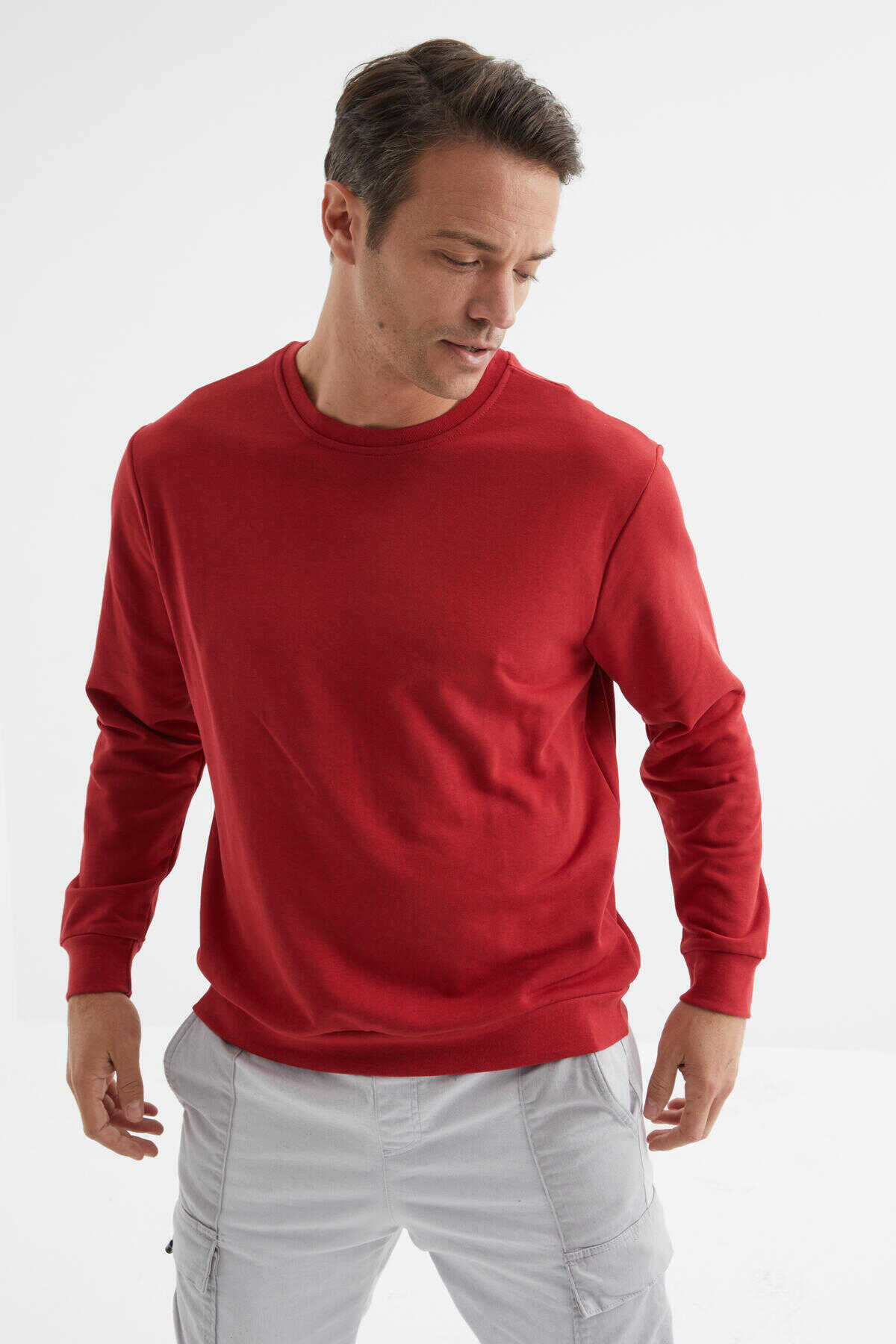Tommylife Toptan O Yaka Rahat Form Basic Erkek Sweatshirt 88053 Kırmızı - 5