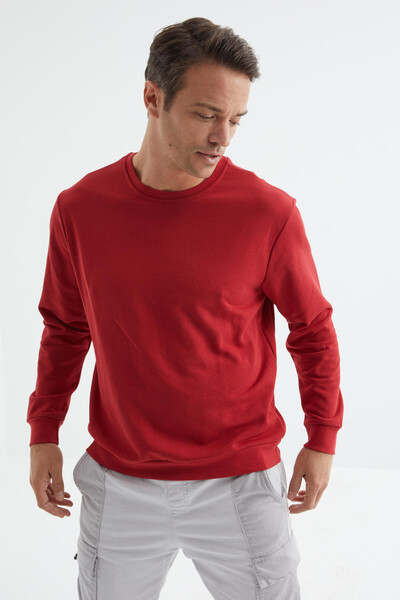 Tommylife Toptan O Yaka Rahat Form Basic Erkek Sweatshirt 88053 Kırmızı - 5