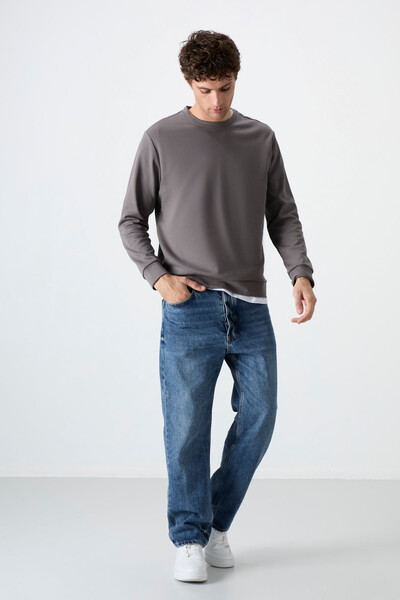 Tommylife Toptan O Yaka Rahat Form Basic Erkek Sweatshirt 88053 Koyu Gri - 2