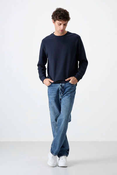 Tommylife Toptan O Yaka Rahat Form Basic Erkek Sweatshirt 88053 Lacivert - 2