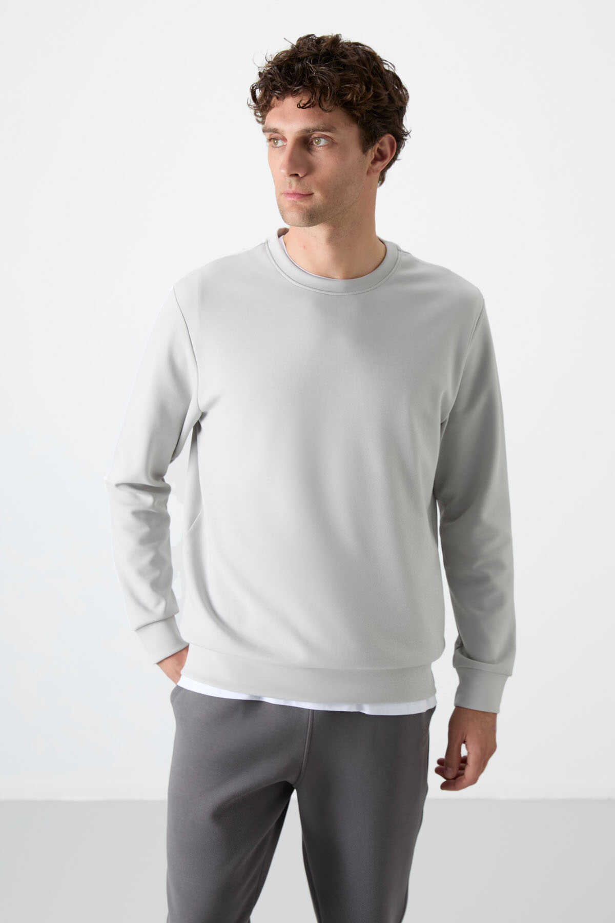 Tommylife Toptan O Yaka Rahat Form Basic Erkek Sweatshirt 88053 Taş - 1