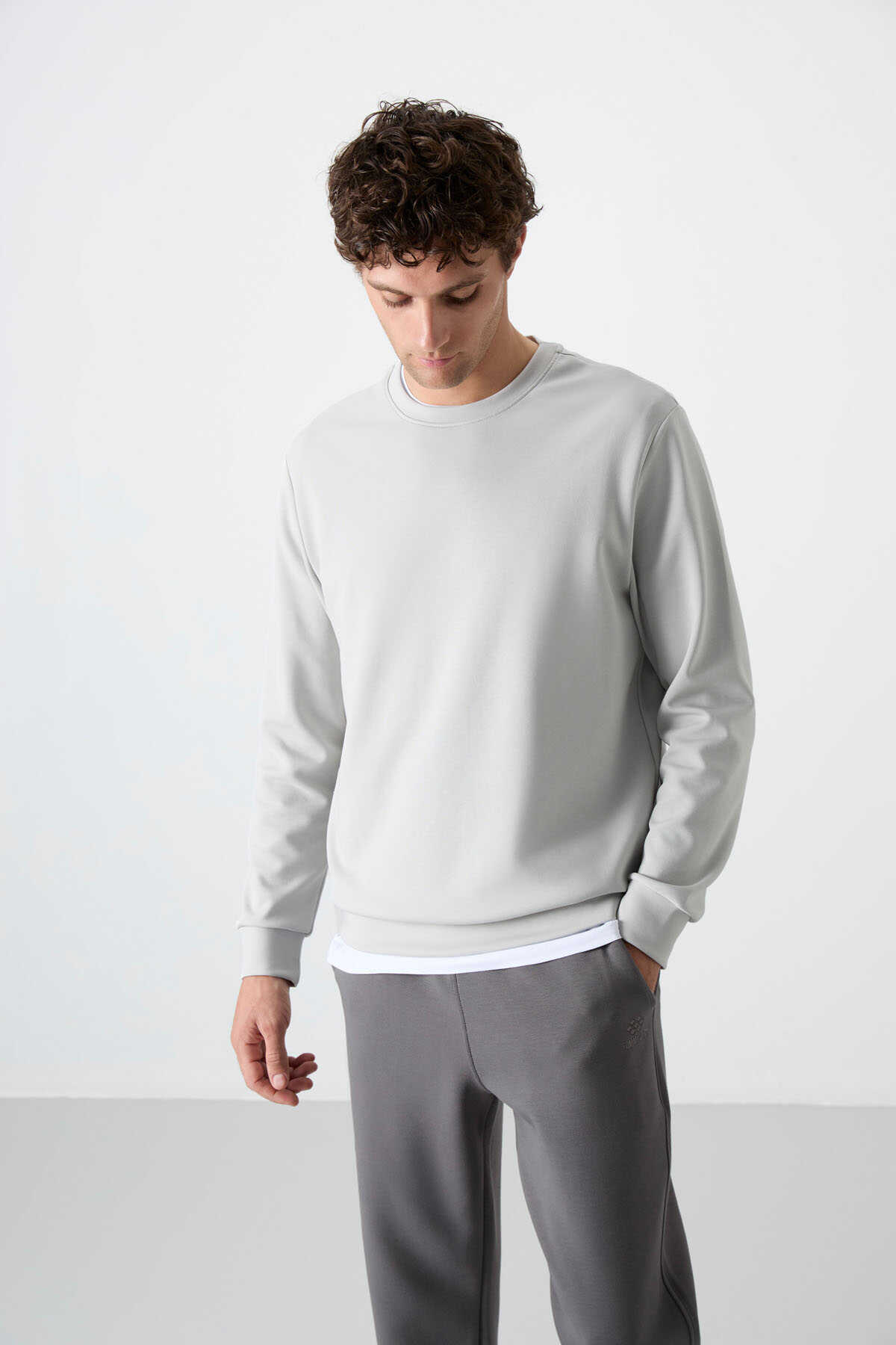 Tommylife Toptan O Yaka Rahat Form Basic Erkek Sweatshirt 88053 Taş - 3