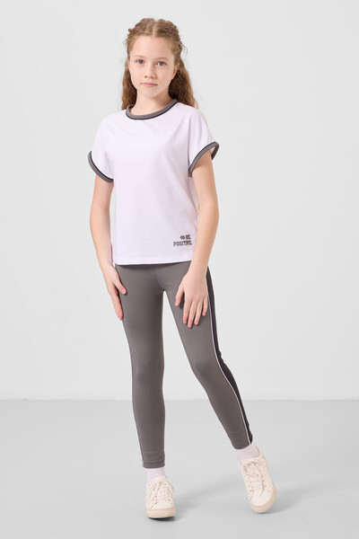 Tommylife Toptan O Yaka Yan Şerit Detaylı Standart Fit Performans Kız Çocuk Tayt Takım 75191 Beyaz Koyu Gri - Thumbnail