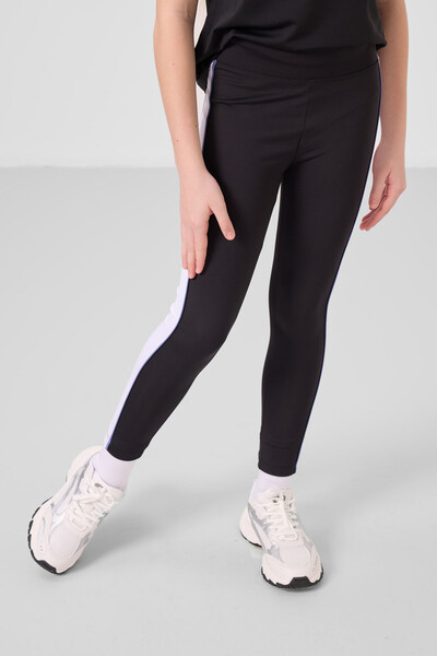 Tommylife Toptan O Yaka Yan Şerit Detaylı Standart Fit Performans Kız Çocuk Tayt Takım 75191 Siyah - Thumbnail
