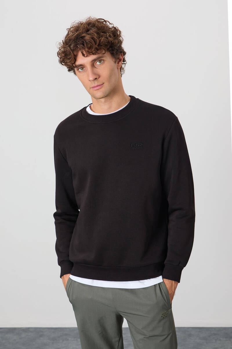 TOMMYLIFE - Tommylife Toptan Omar O Yaka Standart Kalıp Basic Erkek Sweatshirt 88137 Siyah