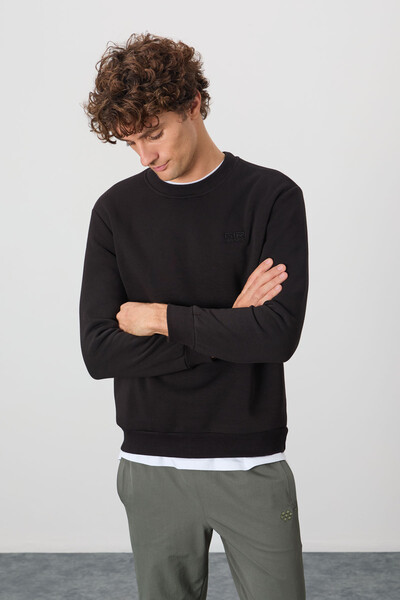 Tommylife Toptan Omar O Yaka Standart Kalıp Basic Erkek Sweatshirt 88137 Siyah - Thumbnail