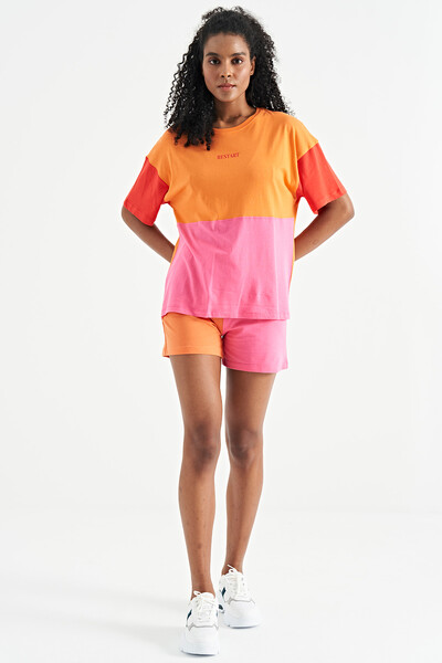 Tommylife Toptan Oranj Çok Renkli O Yaka Oversize Kadın Basic T-Shirt - 02309 - Thumbnail