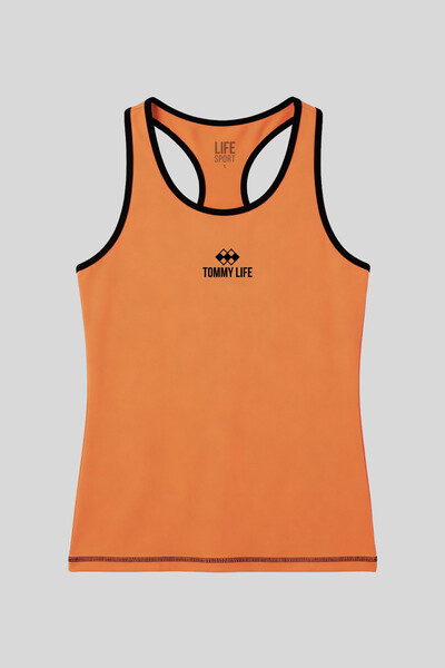 TOMMYLIFE - Tommylife Toptan Oranj Kolsuz Arka Yazı Detaylı Standart Kalıp Kadın Spor Atlet - 97096