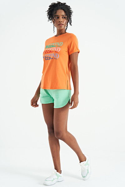 Tommylife Toptan Oranj Renkli Yazı Baskılı Rahat Form Kadın Basic T-Shirt - 02241 - Thumbnail