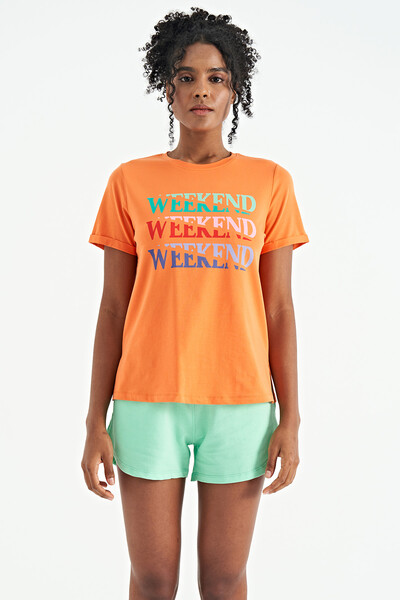 Tommylife Toptan Oranj Renkli Yazı Baskılı Rahat Form Kadın Basic T-Shirt - 02241 - Thumbnail