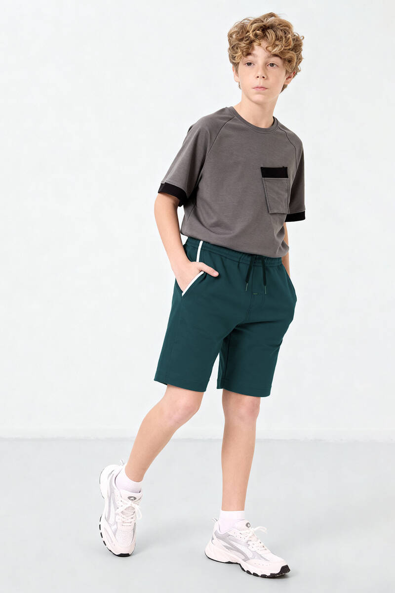 TOMMYLIFE - Tommlife Toptan Orman Yeşili Standart Fit Bağcıklı Erkek Çocuk Şort - 11284
