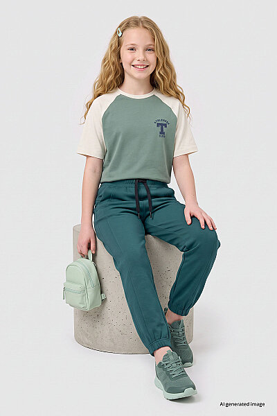 Tommylife Toptan Orman Yeşili Standart Fit Ön Dikiş Detaylı Kız Çocuk Eşofman Alt - 75197