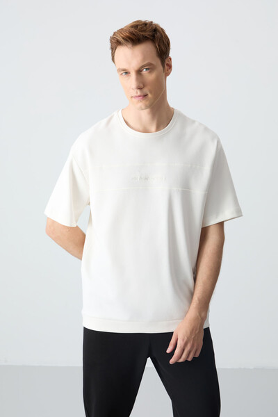 Tommylife Toptan Oversize Basic Erkek T-Shirt Eşofman Takım 85261 Ekru - Siyah - Thumbnail