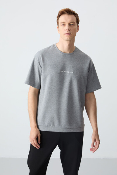 Tommylife Toptan Oversize Basic Erkek T-Shirt Eşofman Takım 85261 Gri Melanj - Siyah - Thumbnail