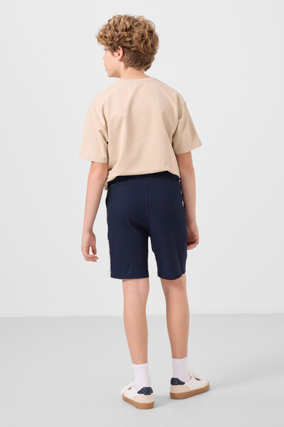 Tommylife Toptan Pamuklu Oversize Fit Dokuma Hafif Esnek Chino Erkek Çocuk Şort Takım 11275 Bej-Lacivert - Thumbnail