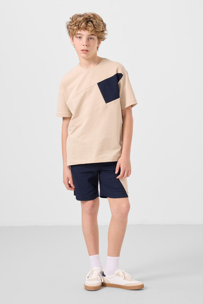 Tommylife Toptan Pamuklu Oversize Fit Dokuma Hafif Esnek Chino Erkek Çocuk Şort Takım 11275 Bej-Lacivert - Thumbnail