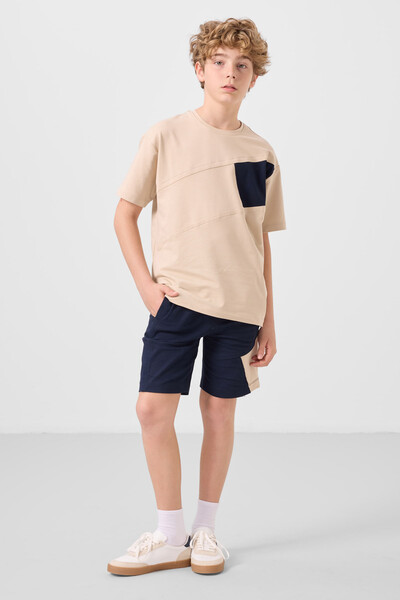 Tommylife Toptan Pamuklu Oversize Fit Dokuma Hafif Esnek Chino Erkek Çocuk Şort Takım 11275 Bej-Lacivert - Thumbnail