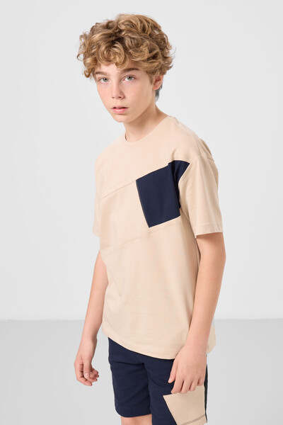 Tommylife Toptan Pamuklu Oversize Fit Dokuma Hafif Esnek Chino Erkek Çocuk Şort Takım 11275 Bej-Lacivert - Thumbnail