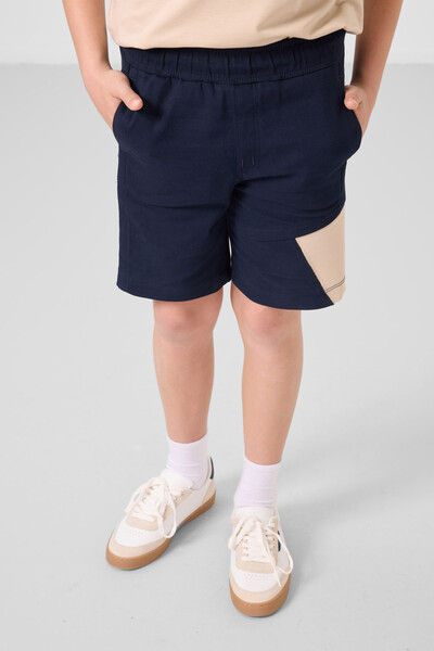 Tommylife Toptan Pamuklu Oversize Fit Dokuma Hafif Esnek Chino Erkek Çocuk Şort Takım 11275 Bej-Lacivert - Thumbnail