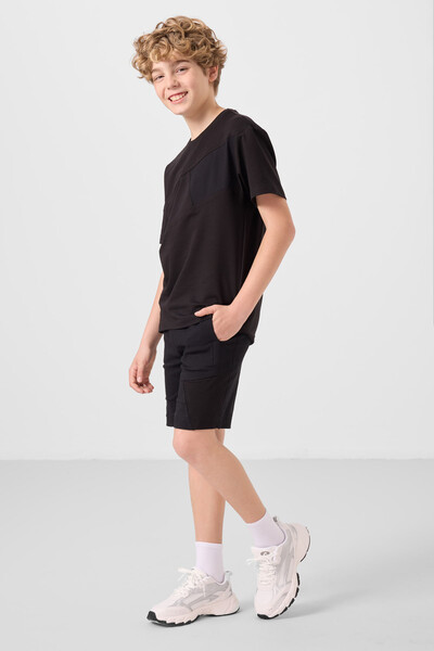 Tommylife Toptan Pamuklu Oversize Fit Dokuma Hafif Esnek Chino Erkek Çocuk Şort Takım 11275 Siyah - Thumbnail