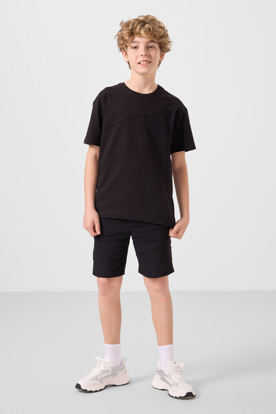Tommylife Toptan Pamuklu Oversize Fit Dokuma Hafif Esnek Chino Erkek Çocuk Şort Takım 11275 Siyah - Thumbnail