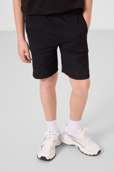 Tommylife Toptan Pamuklu Oversize Fit Dokuma Hafif Esnek Chino Erkek Çocuk Şort Takım 11275 Siyah - Thumbnail