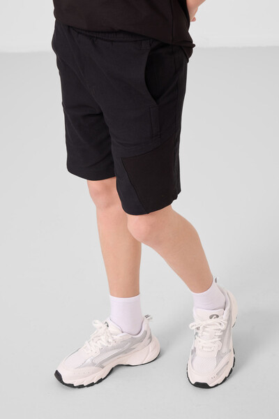 Tommylife Toptan Pamuklu Oversize Fit Dokuma Hafif Esnek Chino Erkek Çocuk Şort Takım 11275 Siyah - Thumbnail
