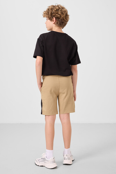 Tommylife Toptan Pamuklu Oversize Fit Dokuma Hafif Esnek Chino Erkek Çocuk Şort Takım 11275 Siyah-Koyu Bej - Thumbnail