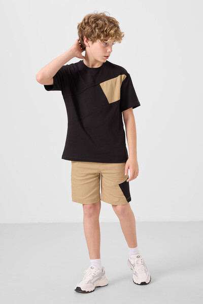 Tommylife Toptan Pamuklu Oversize Fit Dokuma Hafif Esnek Chino Erkek Çocuk Şort Takım 11275 Siyah-Koyu Bej - Thumbnail