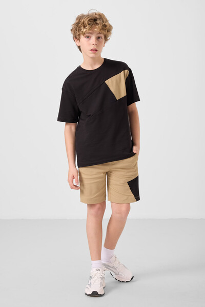 Tommylife Toptan Pamuklu Oversize Fit Dokuma Hafif Esnek Chino Erkek Çocuk Şort Takım 11275 Siyah-Koyu Bej - Thumbnail