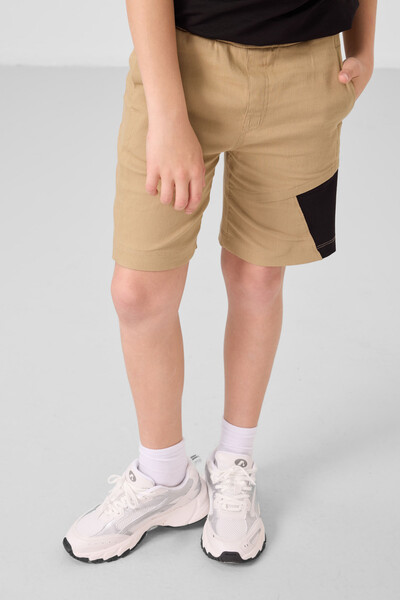 Tommylife Toptan Pamuklu Oversize Fit Dokuma Hafif Esnek Chino Erkek Çocuk Şort Takım 11275 Siyah-Koyu Bej - Thumbnail