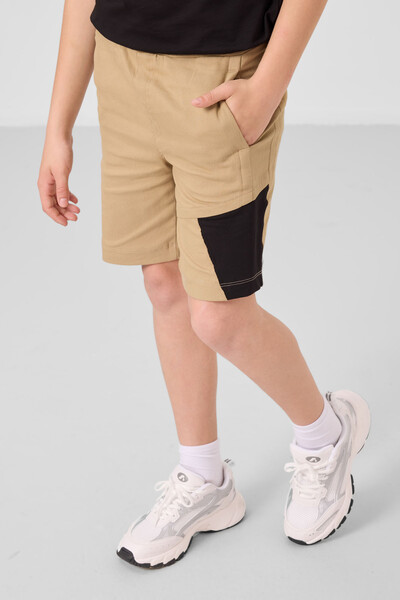 Tommylife Toptan Pamuklu Oversize Fit Dokuma Hafif Esnek Chino Erkek Çocuk Şort Takım 11275 Siyah-Koyu Bej - Thumbnail