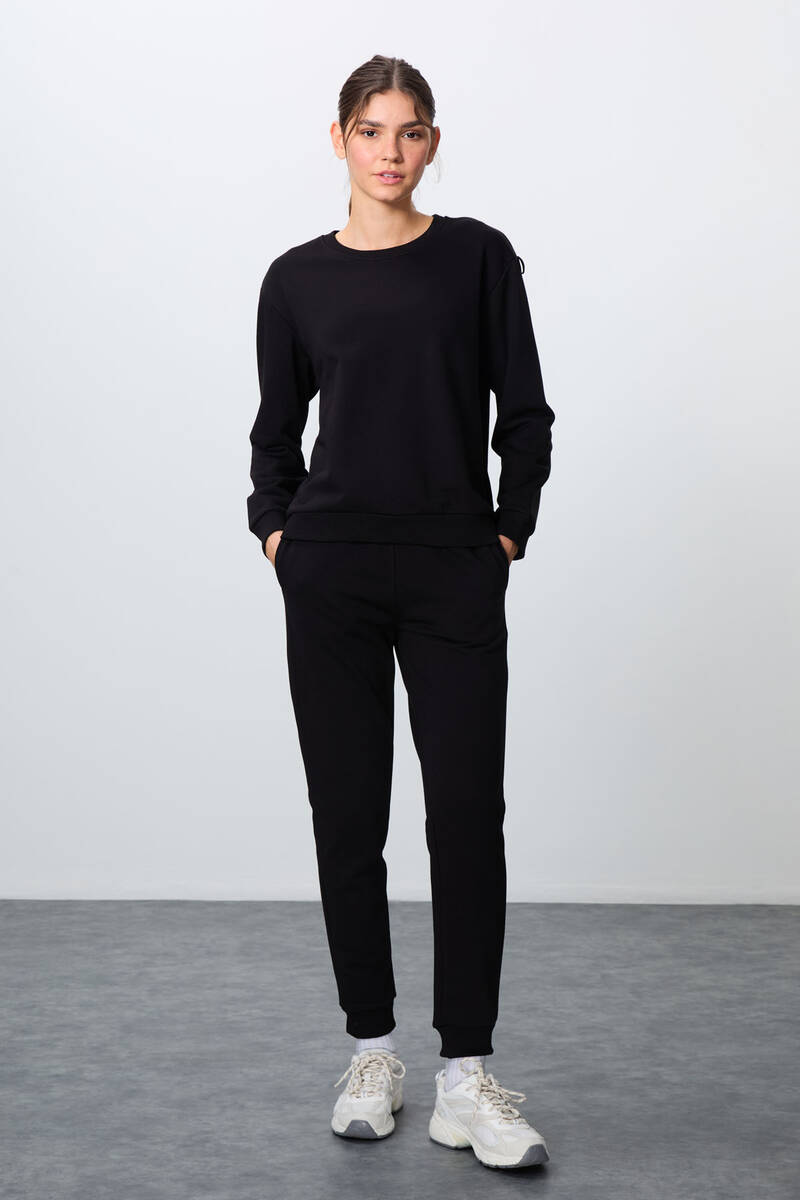 TommyLife - Tommylife Toptan Oversize O Yaka Jogger Kadın Eşofman Takımı 95341 Siyah