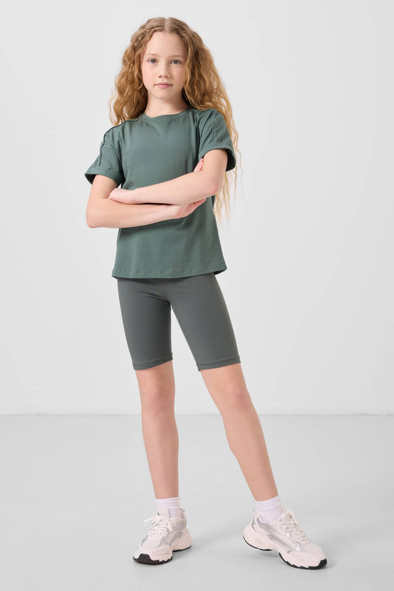 TOMMYLIFE - Tommylife Toptan Pamuklu Kısa Paça Standart Fit Basic Kız Çocuk Tayt 75188 Haki