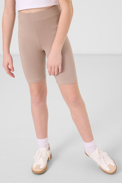 Tommylife Toptan Pamuklu Kısa Paça Standart Fit Basic Kız Çocuk Tayt 75188 Koyu Bej - Thumbnail