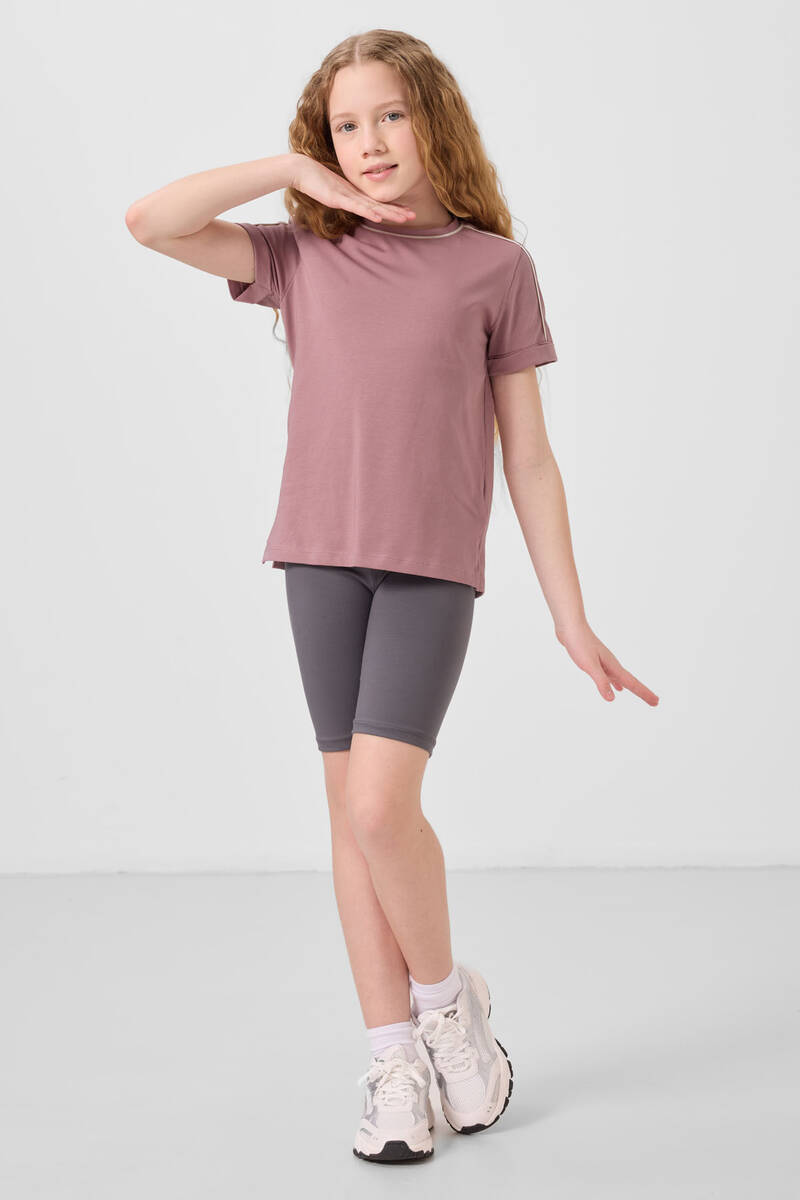 TOMMYLIFE - Tommylife Toptan Pamuklu Kısa Paça Standart Fit Basic Kız Çocuk Tayt 75188 Koyu Gri