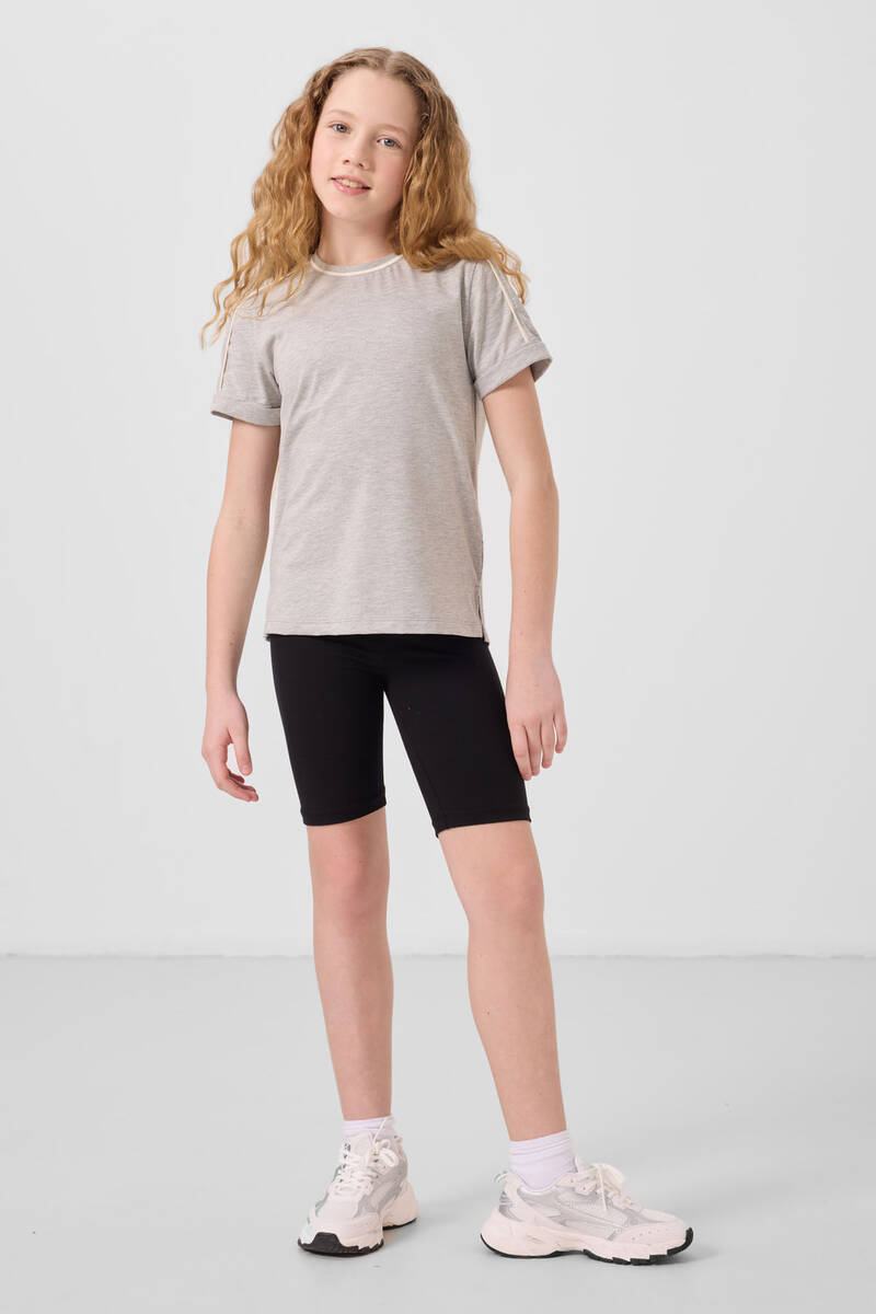 TOMMYLIFE - Tommylife Toptan Pamuklu Kısa Paça Standart Fit Basic Kız Çocuk Tayt 75188 Siyah