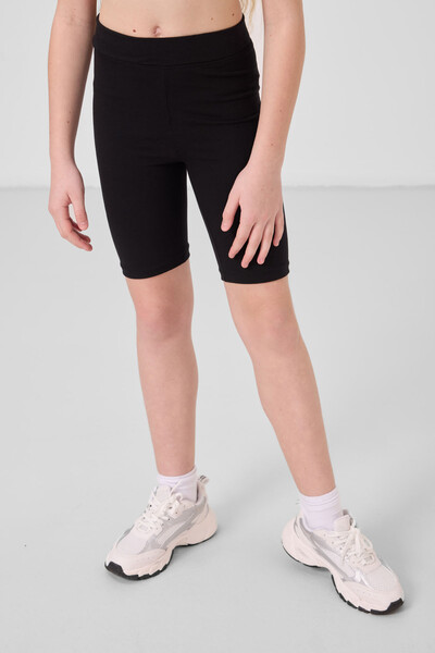 Tommylife Toptan Pamuklu Kısa Paça Standart Fit Basic Kız Çocuk Tayt 75188 Siyah - Thumbnail