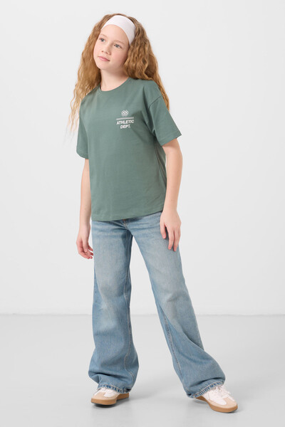 Tommylife Toptan Pamuklu O Yaka Oversize Fit Basic Kız Çocuk T Shirt 75178 Açık Yeşil - Thumbnail