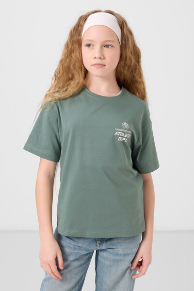 Tommylife Toptan Pamuklu O Yaka Oversize Fit Basic Kız Çocuk T Shirt 75178 Açık Yeşil - Thumbnail