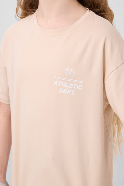 Tommylife Toptan Pamuklu O Yaka Oversize Fit Basic Kız Çocuk T Shirt 75178 Bej - Thumbnail